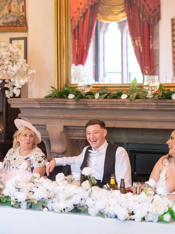 Bride and groom laughing together